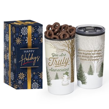 You Are Truly Appreciated ColorBlast 360° Teton Stainless-Steel Tumbler 20 oz. With Chocolate-Covered Pretzels in Holiday Gift Box from Positive Promotions