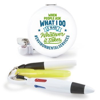 Environmental Services: Whatever It Takes Badge Holder & 3-Piece Pen Assortment Set from Positive Promotions