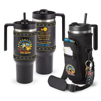 School Bus Drivers: Early Rising, Always Smiling, Safe Driving Quencher Tumbler 40 oz. & All-Day Hydration Carry-All Bag Gift Set from Positive Promotions