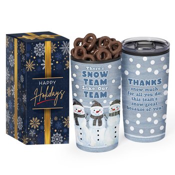 There's Snow Team Like Our Team ColorBlast 360° Teton Stainless-Steel Tumbler 20 oz. With Chocolate-Covered Pretzels in Holiday Gift Box from Positive Promotions