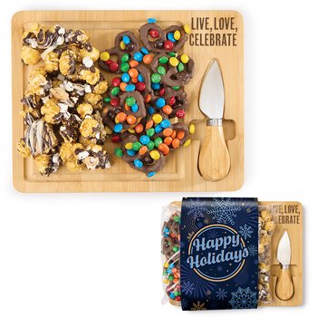 Live, Love, Celebrate Sweet & Salty Charcuterie Bamboo Board Gift Set in Holiday Gift Wrapper from Positive Promotions