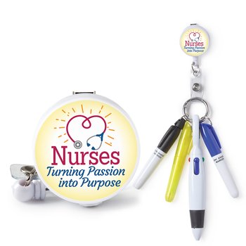 Nurses: Turning Passion Into Purpose Retractable Badge Holder & 4-Piece Pen Assortment Set from Positive Promotions