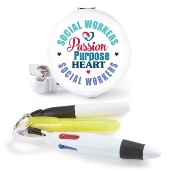 Social Workers: Passion, Purpose, Heart Retractable Badge Holder & 3-Piece Pen Assortment Set from Positive Promotions