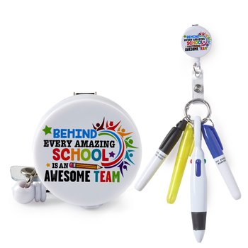 Behind Every Amazing School Is an Awesome Team Retractable Badge Holder & 4-Piece Pen Assortment Set from Positive Promotions