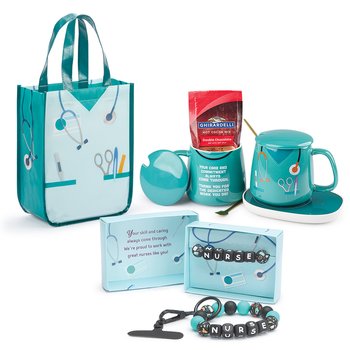 Scrubs Non-Woven Laminated Mini Tote, Ceramic Mug & Warmer With Hot Chocolate, & Bracelet/Keychain/Phone Holder from Positive Promotions