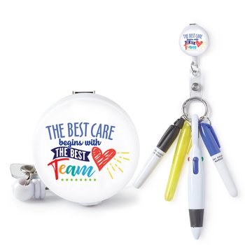 The Best Care Begins With the Best Team Retractable Badge Holder & 4-Piece Pen Assortment Set from Positive Promotions