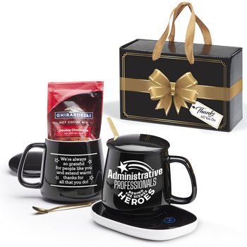 Administrative Professionals: Behind the Scenes Heroes Ceramic Mug 12 oz. & Warmer With Hot Chocolate Gift Set from Positive Promotions