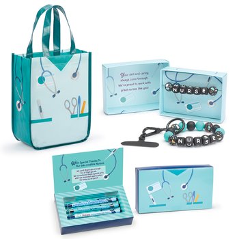 Scrubs Non-Woven Laminated Mini Tote, Stylus Pen Gift Set, & Bracelet/Keychain/Phone Holder from Positive Promotions