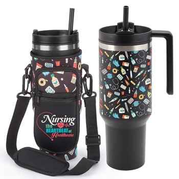 Healthcare Icons Quencher Tumbler 40 oz. With Nurses Heartbeat/Icons Hydration Carry-All Bag Gift Set from Positive Promotions