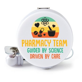 Pharmacy Team: Guided By Science, Driven By Care Retractable Badge Holder & 4-Piece Pen Assortment Set from Positive Promotions