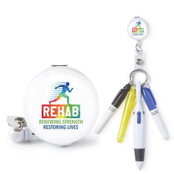 Rehab Retractable Badge Holder & 4-Piece Pen Assortment Set from Positive Promotions
