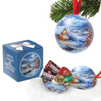 Snowy Village Round Metal Ornament With Hershey's® Holiday Miniatures Chocolates in Holiday Gift Box from Positive Promotions