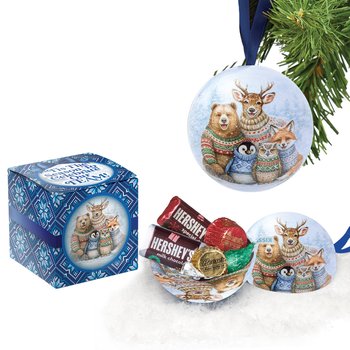 Winter Woodland Team Round Metal Ornament With Hershey's® Holiday Miniatures Chocolates in Holiday Gift Box from Positive Promotions