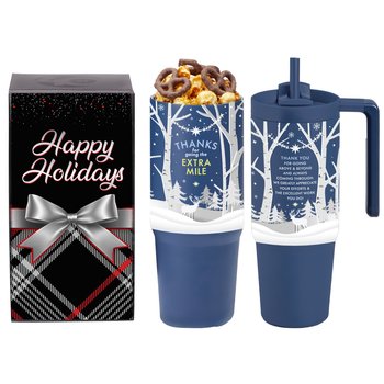 Thanks For Going The Extra Mile HydroSip Double-Wall Vacuum-Insulated Tumbler 30 oz. With Popcorn & Pretzels In Holiday Gift Box from Positive Promotions