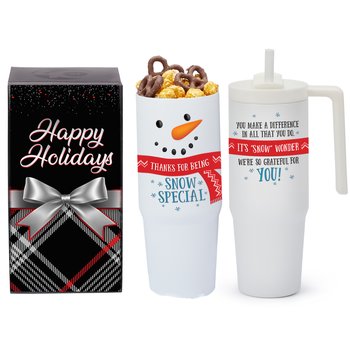 Thanks For Being Snow Special HydroSip Double-Wall Vacuum-Insulated Tumbler 30 oz. With Popcorn & Pretzels In Holiday Gift Box from Positive Promotions