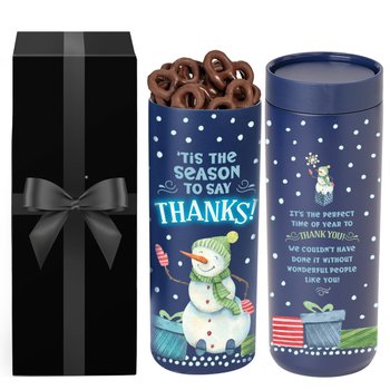 'Tis The Season To Say Thanks! 360° Sipper Push & Sip Double-Wall Stainless-Steel Vacuum-Insulated Spill-Proof Tumbler 18 oz. With Chocolate-Covered Pretzels In Holiday Gift Box from Positive Promotions
