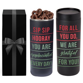 Sip Sip Hooray 360° Sipper Push & Sip Double-Wall Stainless-Steel Vacuum-Insulated Spill-Proof Tumbler 18 oz. With Chocolate-Covered Pretzels In Holiday Gift Box from Positive Promotions