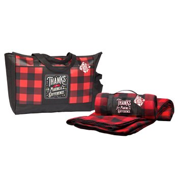 Thanks For Making A Difference Buffalo Plaid Cooler Tote With Pocket & Roll-Up Eco Blanket Gift Set In Holiday Gift Wrapper from Positive Promotions