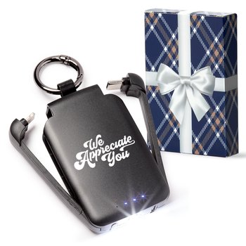 We Appreciate You Black 3-in-1 2,000-mAh Mini Power Bank With LED Light Key Ring in Holiday Gift Box from Positive Promotions