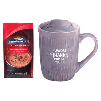 Warm Thanks For All You Do Cable-Knit Pattern Lidded Ceramic 12-oz. Mug With Cocoa from Positive Promotions
