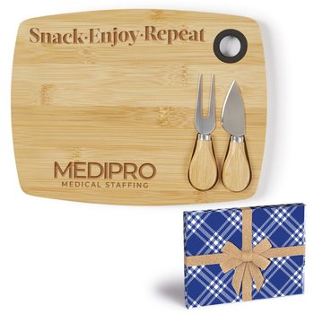 Snack. Enjoy. Repeat. Bamboo Charcuterie Cheese Board With Cutlery Set in Holiday Gift Box - Laser-Engraved Personalization Available from Positive Promotions