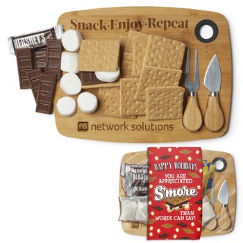 Snack. Enjoy. Repeat. S'mores Charcuterie Board Gift Set with Holiday Gift Wrapper - Laser-Engraved Personalization Available from Positive Promotions