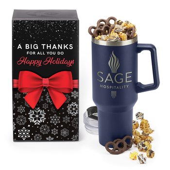 Navy Biggie Thirst Quencher Double-Wall Stainless-Steel Tumbler 40 oz. With Handle & Treat Mix in Holiday Gift Box - Laser-Engraved Personalization Available from Positive Promotions