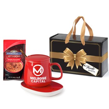 Red Ceramic Mug & Warmer With Hot Chocolate Gift Set in Holiday Gift Box - One-Color Personalization Available from Positive Promotions