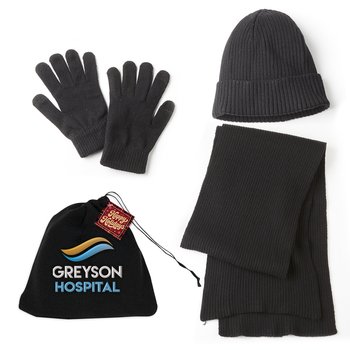 Luxe Winter Warmth 3-Piece Ribbed Knit Beanie, Scarf, & Gloves Set in Pouch With Holiday Gift Tag - Embroidered Personalization Available from Positive Promotions