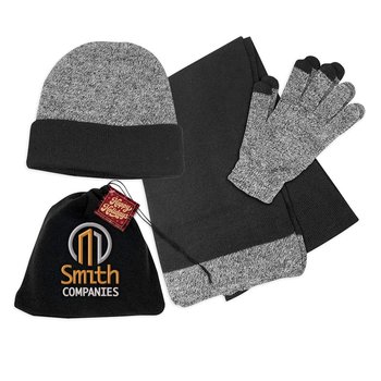 Winter Warrior Trio Cold Weather Beanie, Scarf, & Gloves Set in Pouch With Holiday Gift Tag - Embroidered Personalization Available from Positive Promotions