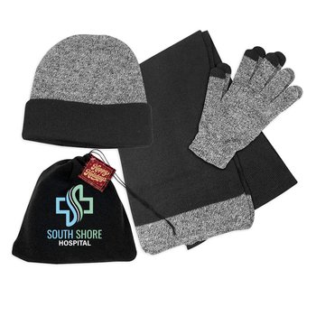 Winter Warrior Trio Cold Weather Beanie, Scarf, & Gloves Set in Pouch With Holiday Gift Tag - Personalization Available from Positive Promotions