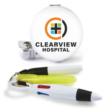 Round Retractable Badge Holder & 3-Piece Pen Assortment Set - Badge Personalization Available from Positive Promotions