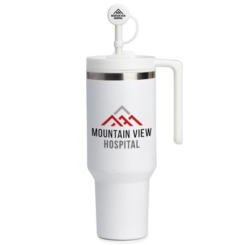 White Quencher Stainless-Steel/Plastic-Lined Tumbler 40 oz. With Handle & Silicone Straw Topper - Personalization Available from Positive Promotions
