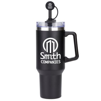 Black Biggie Thirst Quencher Double-Wall Stainless-Steel Tumbler 40 oz. With Handle & Silicone Straw Topper - One-Color Personalization Available from Positive Promotions