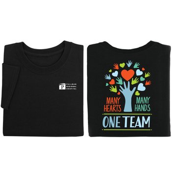 Many Hearts, Many Hands, One Team Unisex 2-Sided Short-Sleeved T-Shirt in Gift Box - Silkscreened Personalization Available from Positive Promotions