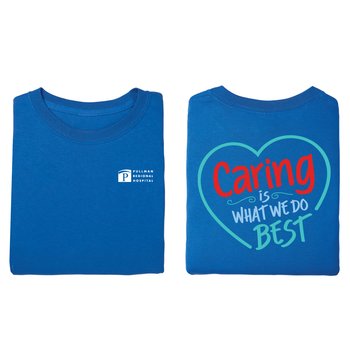 Caring Is What We Do Best Unisex 2-Sided Short-Sleeved T-Shirt in Gift Box - Silkscreened Personalization Available from Positive Promotions