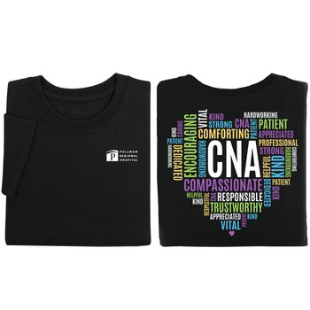 CNA Heart Word Cloud Unisex 2-Sided Short-Sleeved T-Shirt in Gift Box - Silkscreened Personalization Available from Positive Promotions