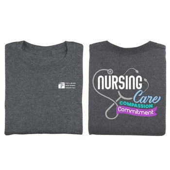 Nursing: Care, Compassion, Commitment Unisex 2-Sided Short-Sleeved T-Shirt in Gift Box - Silkscreened Personalization Available from Positive Promotions