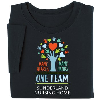 Many Hearts, Many Hands, One Team Unisex Short-Sleeved T-Shirt in Gift Box - Silkscreened Personalization Available from Positive Promotions