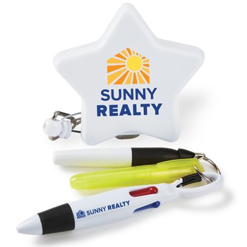 Star Retractable Badge Holder & 3-Piece Pen Assortment Set - Badge & Pen Personalization Available from Positive Promotions