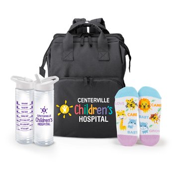 2-in-1 Diaper Bag Backpack, Animal Print Non-Skid Socks, & Solara Water Bottle 24 oz. Gift Set - One-Color Personalization Available from Positive Promotions