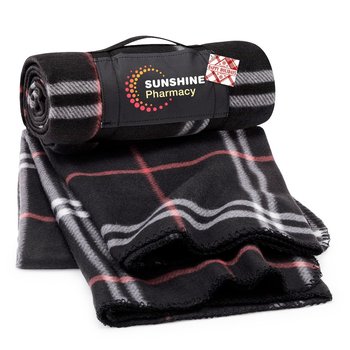 Black/White/Red Plaid Roll-Up Eco Fleece Blanket With Holiday Gift Tag - Personalization Available from Positive Promotions