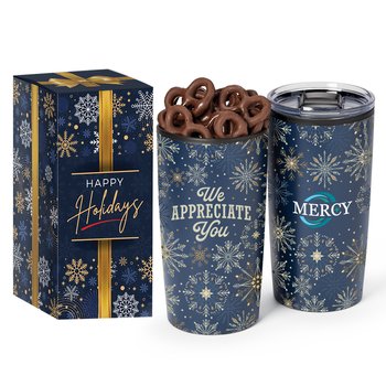 We Appreciate You ColorBlast 360° Teton Stainless-Steel Tumbler 20 oz. With Chocolate-Covered Pretzels in Holiday Gift Box - Personalization Available from Positive Promotions