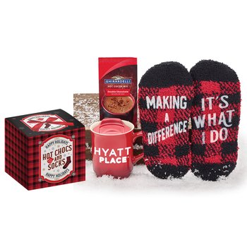 Warm Socks & Hot Chocs Gift Set in Holiday Gift Box - One-Color Personalization Available from Positive Promotions