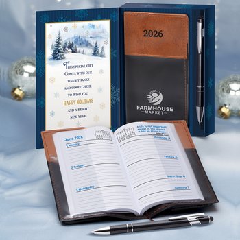 2026 Weekly Planner & Pen in Holiday Gift Box - One-Color Personalization Available from Positive Promotions