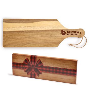 Acacia Charcuterie Board With Handle & Strap in Holiday Gift Box - Laser-Engraved Personalization Available from Positive Promotions