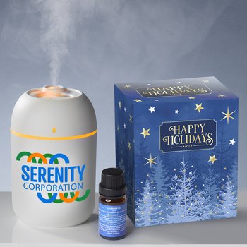 Mini Portable Humidifier & Diffuser With Free Lavender Essential Oil in Holiday Gift Box - Personalization Available from Positive Promotions