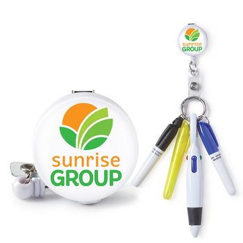 Retractable Badge Holder & 4-Piece Pen Assortment Set - Personalization Available from Positive Promotions