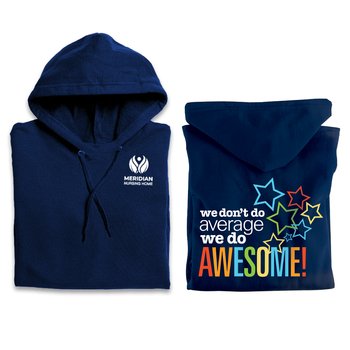 We Don't Do Average; We Do Awesome Gildan® Unisex Heavy Blend Pullover Hooded Sweatshirt in Gift Bag With Holiday Gift Tag - Silkscreened Personalization Available from Positive Promotions