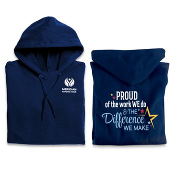 Proud of the Work We Do & the Difference We Make Gildan® Unisex Heavy Blend Pullover Hooded Sweatshirt in Gift Bag With Holiday Gift Tag - Silkscreened Personalization Available from Positive Promotions